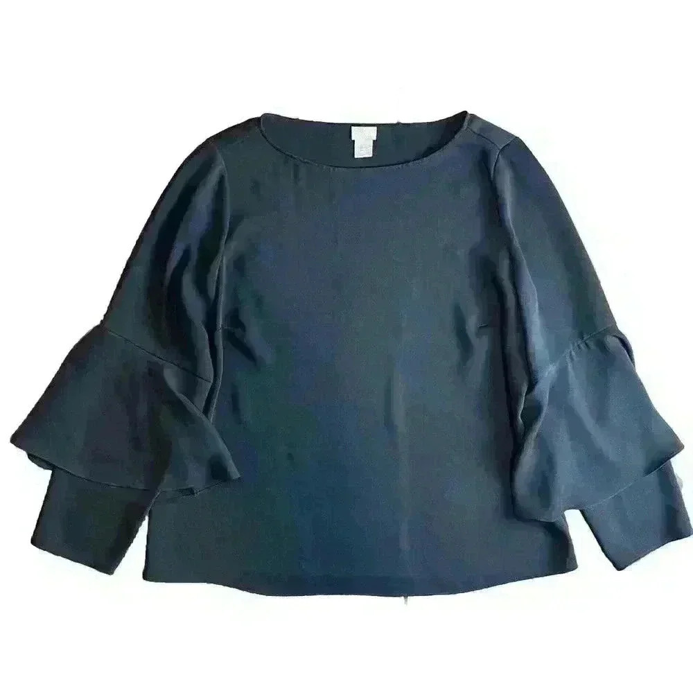 Chico's Satin Pullover Blouse Tiered Bell Sleeve Black Size 2 (12-14) Large